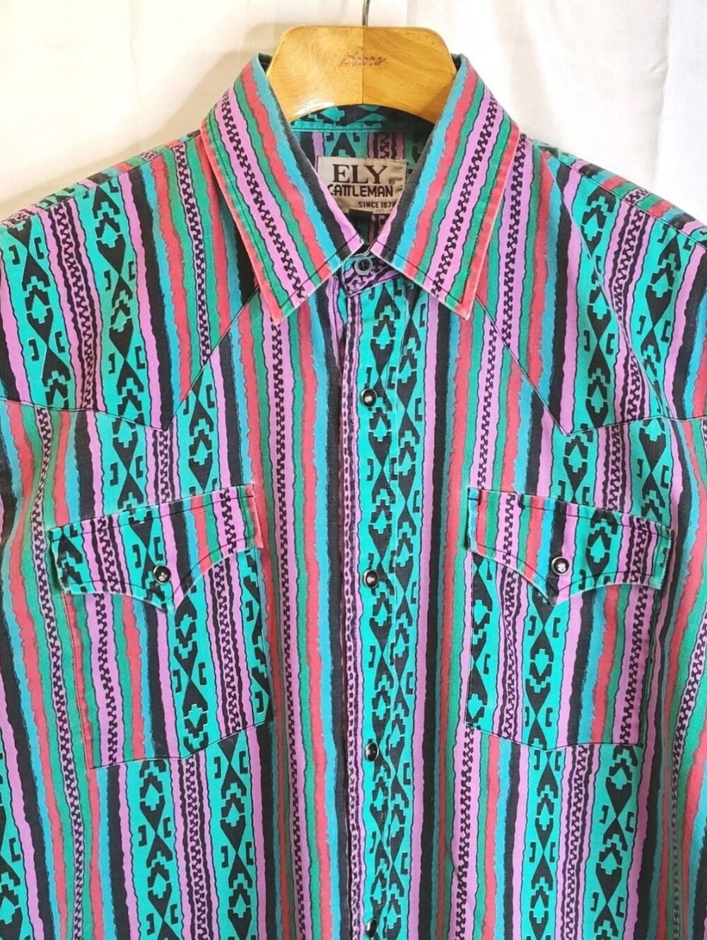 Vtg Ely Cattleman Men 16.5/35 Western Shirt Pearl Snap Tribal Striped L/XL
